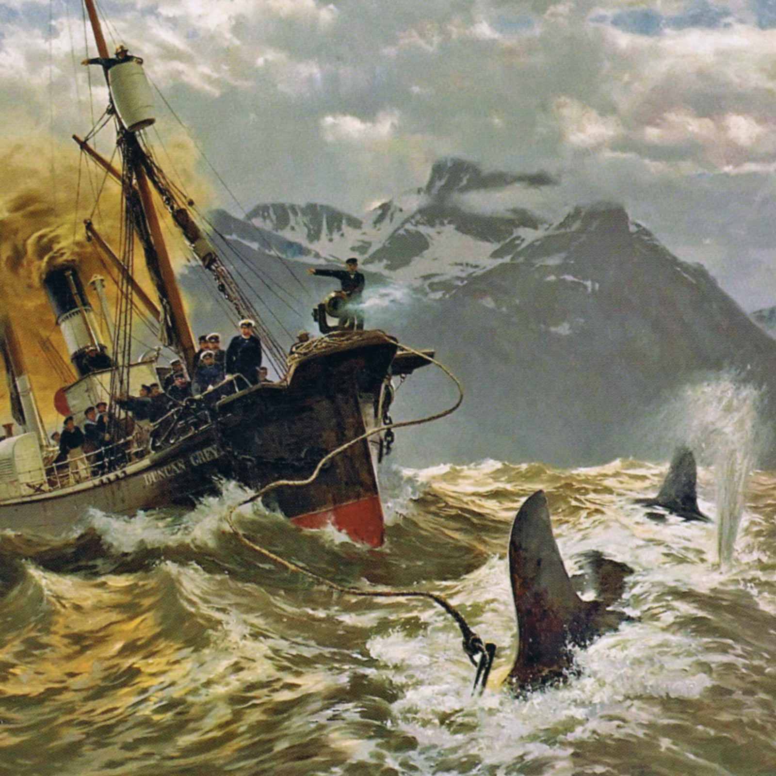 Ein Schiff auf Walfang in wildem Wasser. Markenkommunikation von Gloria Mundi.